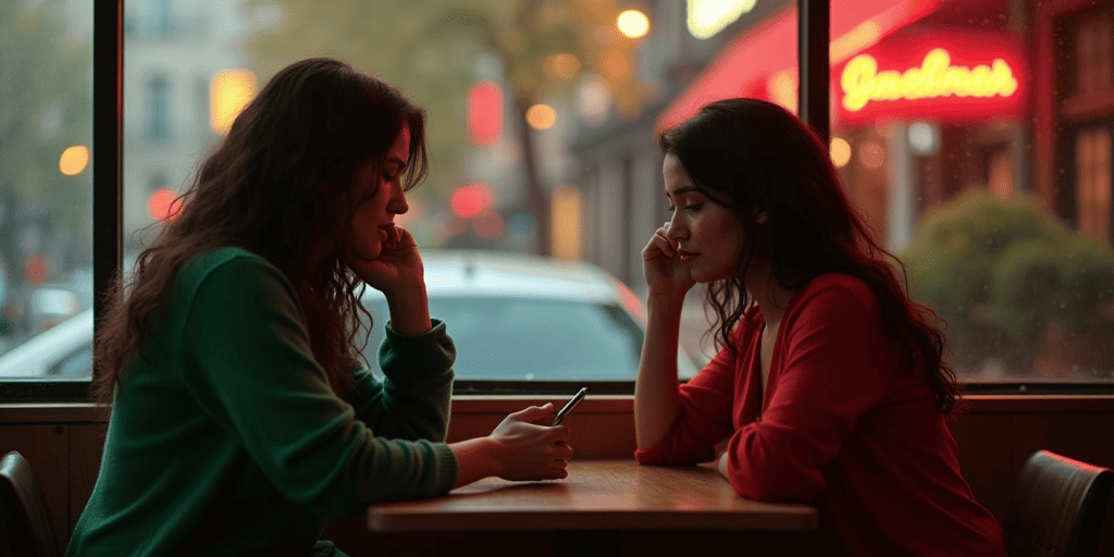 Two sisters sit across from each other in a café, tension thick as one stays silent instead of shrinking to keep the peace.