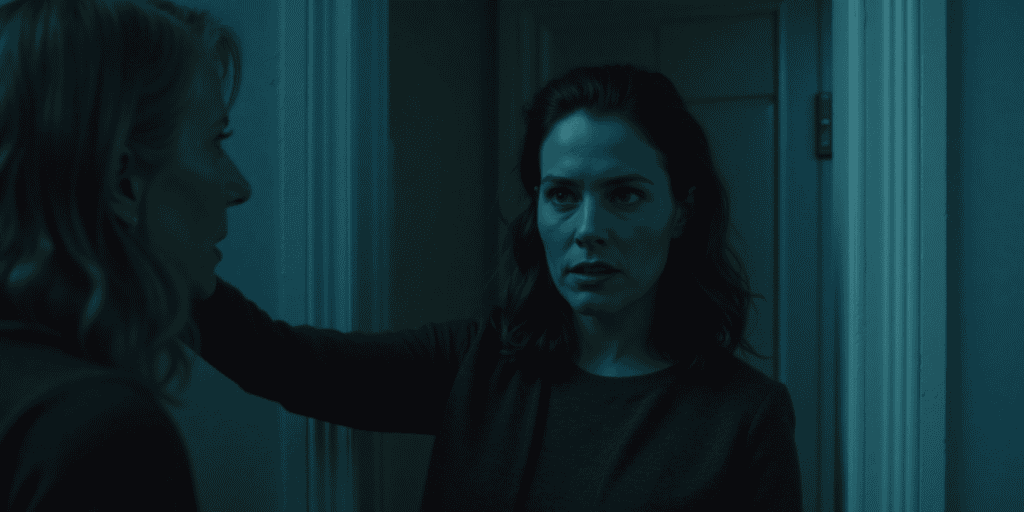 A woman confronts her toxic mother in a dim hallway, refusing to back down from the boundary she’s finally set.