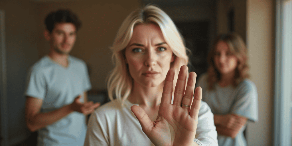 A woman holds up her hand mid-argument with family, showing she’s done explaining her boundaries for the hundredth time.