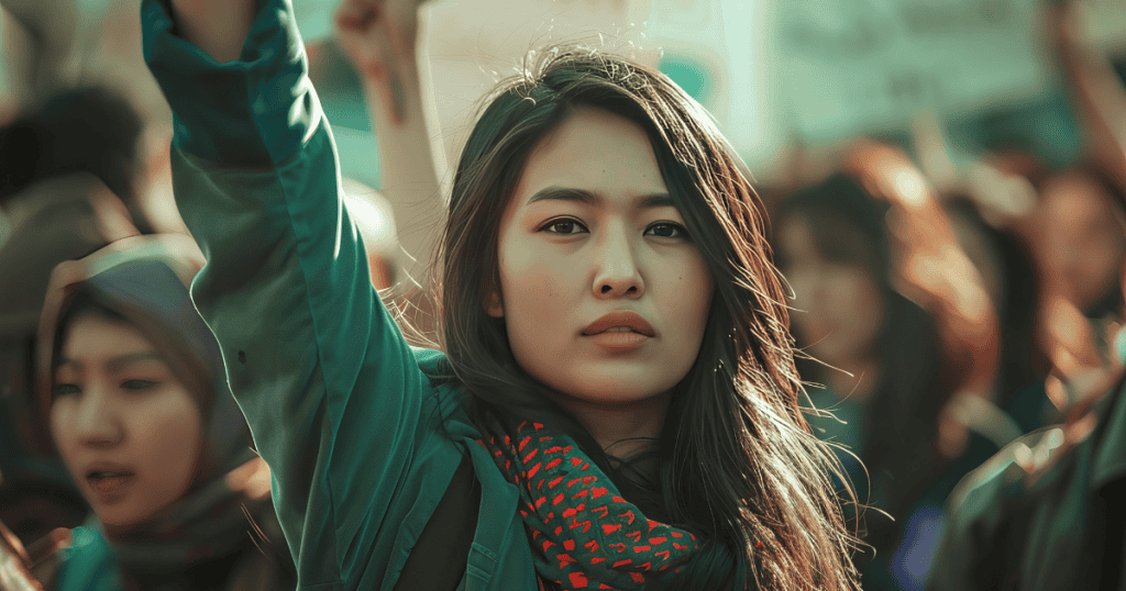 A serious young woman raises her fist in a crowded protest, showing firm resolve and unshaken confidence in the face of confrontation.