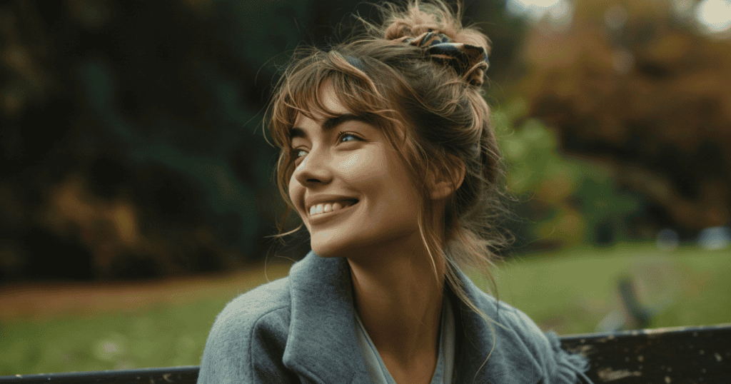 A woman sits outdoors, smiling softly with peace in her eyes, an image that reflects the quiet strength it takes to set boundaries with calm, unwavering confidence.