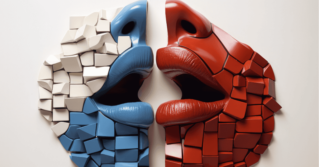 Two opposing fragmented faces meet at the center, symbolizing how narcissistic thinking redirects conversations back to themselves.