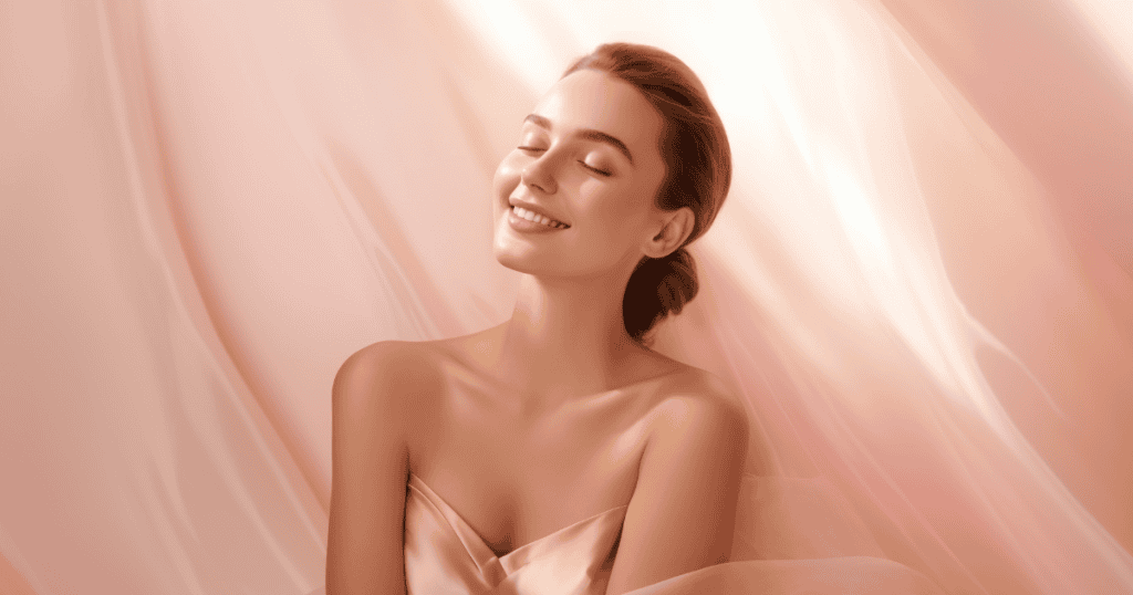 A smiling woman with closed eyes sits against flowing pink fabric, symbolizing the inner peace that comes from learning how to protect your happiness around a narcissist.