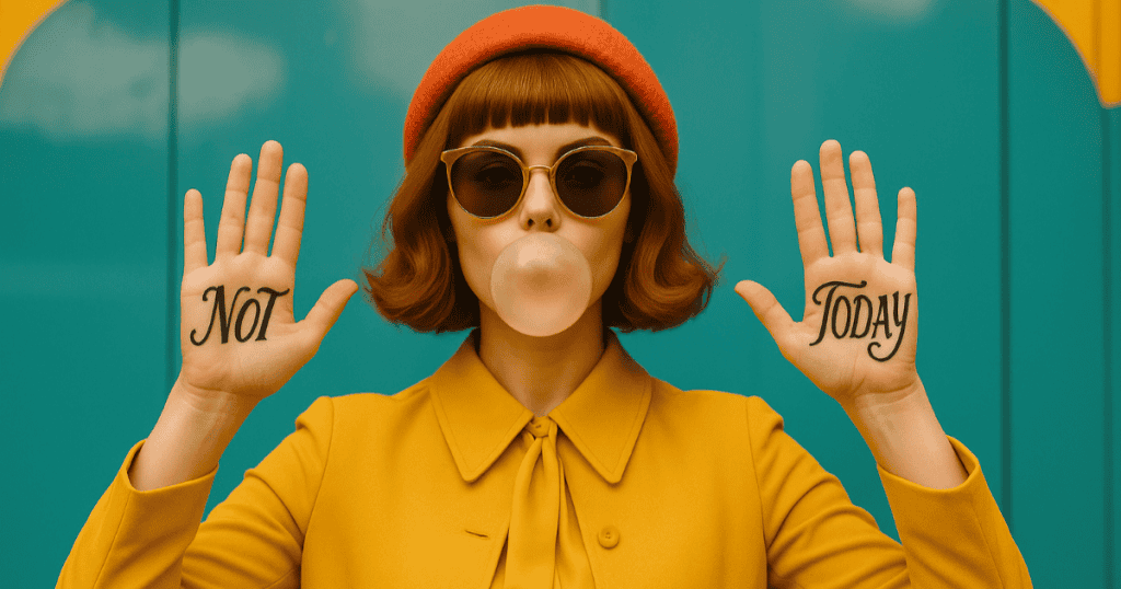 A confident woman blows bubblegum and raises her hands with “Not Today” written on her palms, refusing to entertain a narcissist.