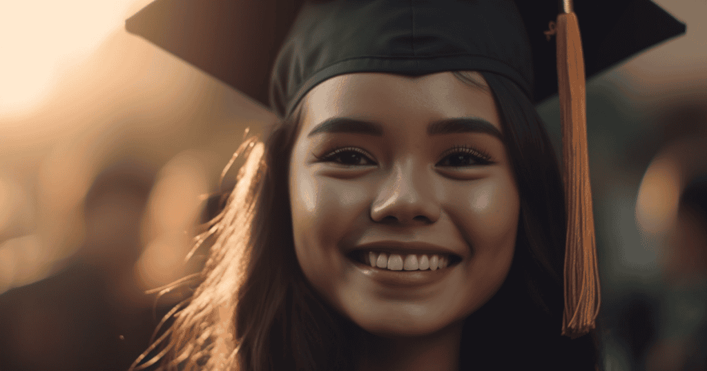 A smiling young woman in a graduation cap glows in the evening light, reflecting the importance of celebrating your wins and seeing who truly shares in your joy.