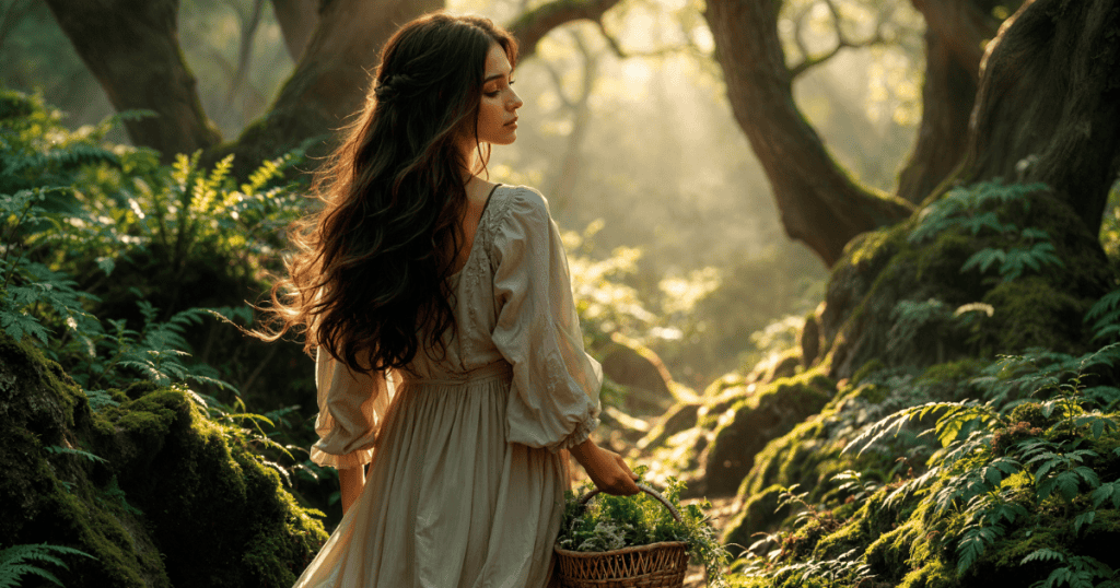A woman in a flowing dress walks through a sunlit forest carrying a basket, symbolizing the bigger payoff of applying positive psychology findings like nature walks for healing after narcissists.