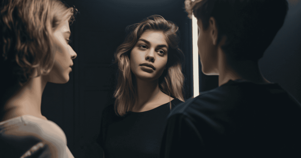 A woman looks into a mirror and sees multiple reflections, symbolizing the three faces of narcissism—grandiose, vulnerable, and entitled.
