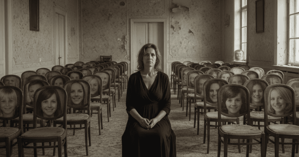 A solemn woman sits in a chair facing the camera amidst rows of empty chairs with smiling children's faces attached to the backs; this striking tableau highlights a deep solitude surrounded by the absence of genuine human connection.