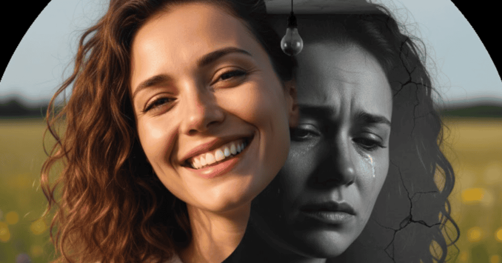 A split-image shows a woman's bright, smiling face merging with a black-and-white image of her tearful, suffering expression; it visually contrasts a cheerful outward presentation with an inner state of concealed unhappiness.