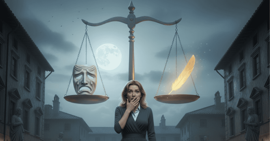 A shocked woman stands beneath a scale balancing a crying mask and a glowing feather under a full moon; this imagery depicts a moment of reckoning and cosmic balance.