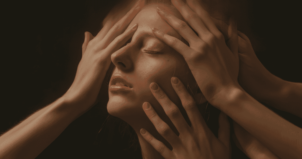 Multiple hands cover a woman’s face as she closes her eyes, representing fear, obligation, and guilt as the narcissist’s holy trinity of control.