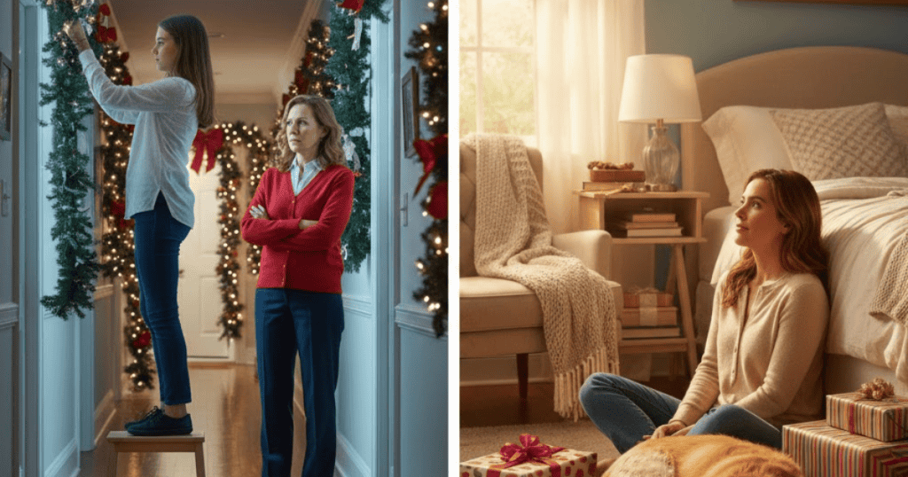 A split image shows a younger woman decorating while an older woman watches critically, contrasted with the younger woman sitting relaxed by presents, highlighting a move away from uncomfortable family obligations.