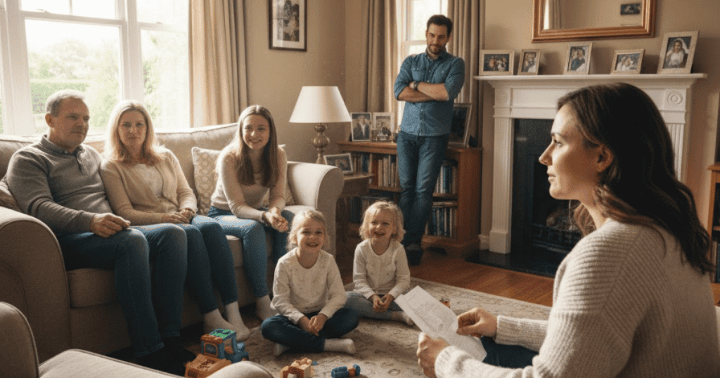 A woman addresses a captivated family group from a central chair, demonstrating the uncanny ability to charm an audience while quietly steering the narrative to suit her needs.