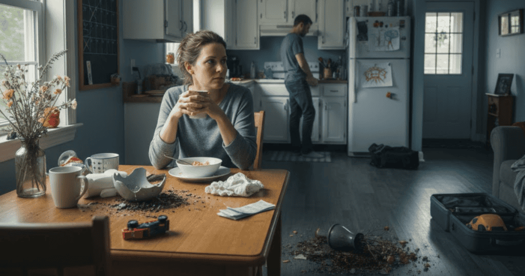 A woman sits dejectedly at a table before a broken planter while a man stands indifferently in the background, illustrating the silent aftermath of a calculated emotional disruption.
