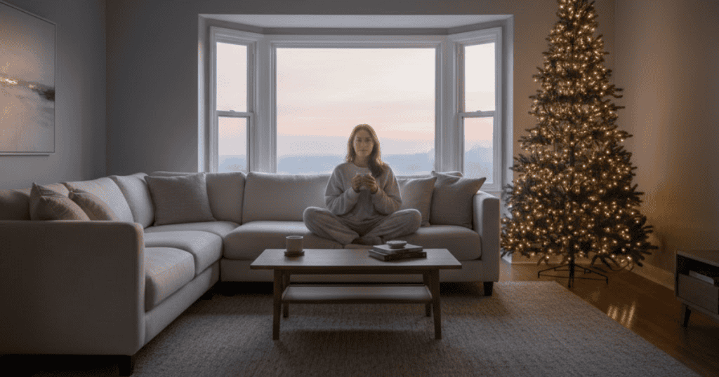 A woman is sitting quietly on a large sectional couch with a mug as the sun sets outside, symbolizing the creation of a calm atmosphere centered on inner tranquility rather than outward show.