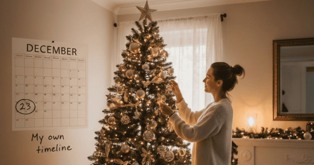 A woman hangs an ornament on a Christmas tree next to a calendar marked with a 'My own timeline' circle on the 23rd, emphasizing the importance of setting a personal schedule for when festivities begin.