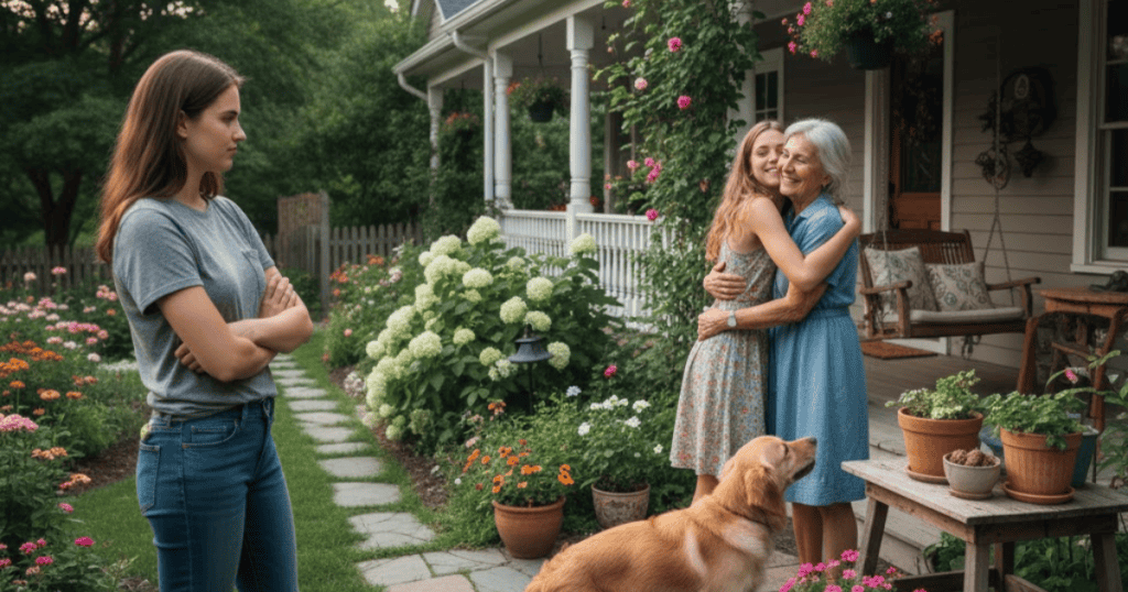 A young woman stands isolated and crossed-armed in the yard while an older woman enthusiastically embraces a guest on the porch, capturing the painful contrast between private coldness and public warmth.