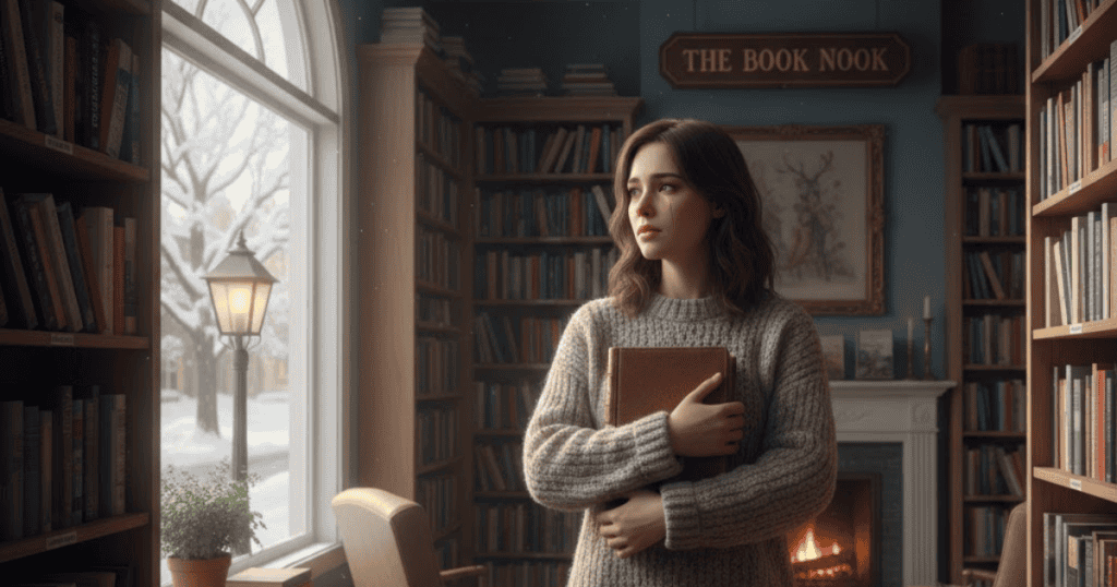 A young woman stands thoughtfully in a library or book nook holding a book, reflecting a focus on nurturing her personal needs and desires during the season.
