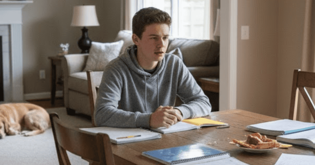A young man sits at a table with books and papers, deep in thought, demonstrating the non-verbal stress cues that may accompany intense concentration or duplicity.