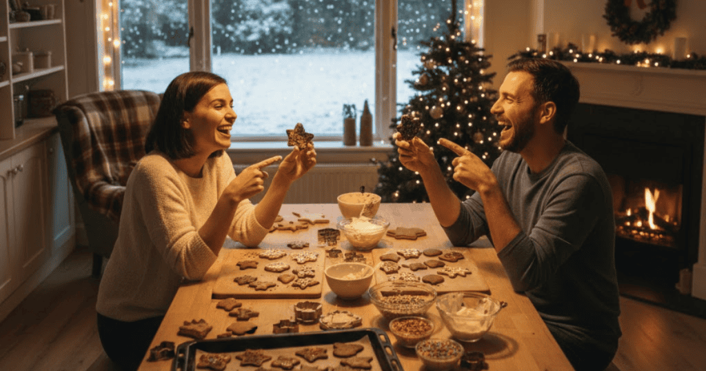 A couple joyfully decorate cookies together by the light of a fireplace, illustrating a decision to share the holidays exclusively with trusted and supportive company.