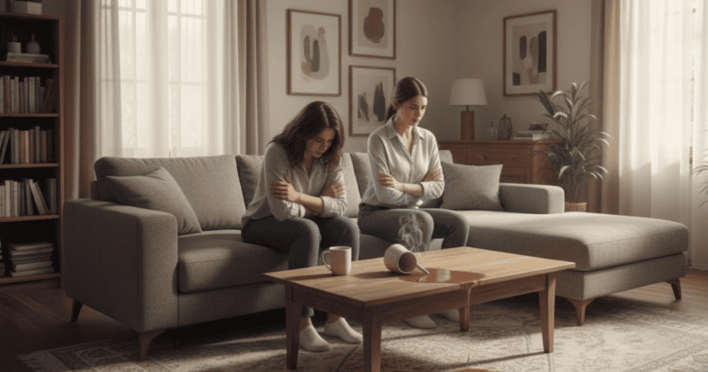 Two women sit silently on a sofa with arms crossed and a spilled drink between them; their tense body language suggests a deep, unhappy rift.