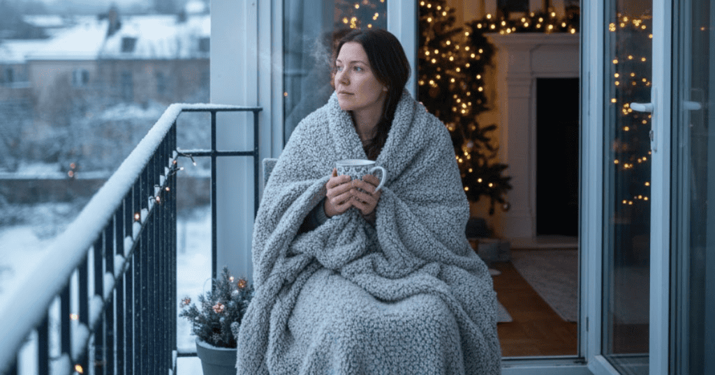 A woman bundled in a blanket sits on a snowy balcony with a cup, showing a quiet moment of introspection where she acknowledges sad feelings without letting them overshadow the whole season.
