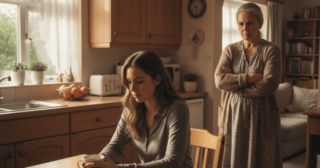 A young woman sits at a kitchen table looking down as an older woman stands over her with arms crossed; the body language suggests an unbalanced power dynamic in the morning.