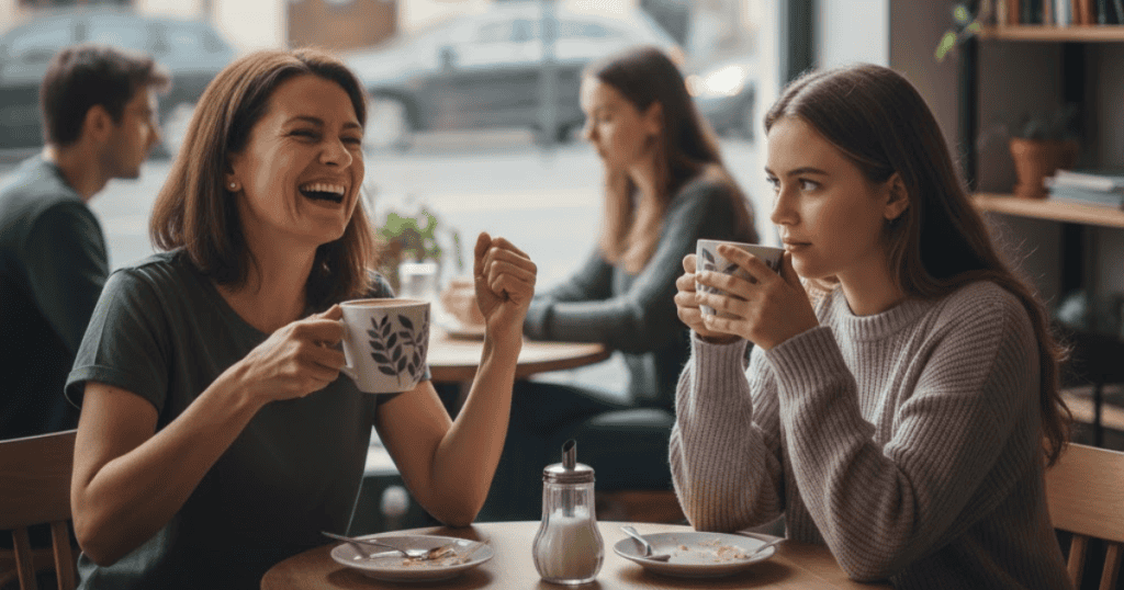 A woman is laughing openly while a young girl looks on with a reserved expression, illustrating how dismissive or scornful amusement can affect another person.