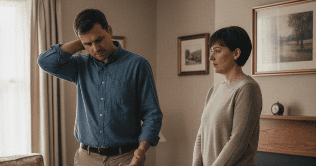 A man stands in a room with his hand on the back of his neck while a woman looks on, showing the defensive physical gestures that can betray deception.