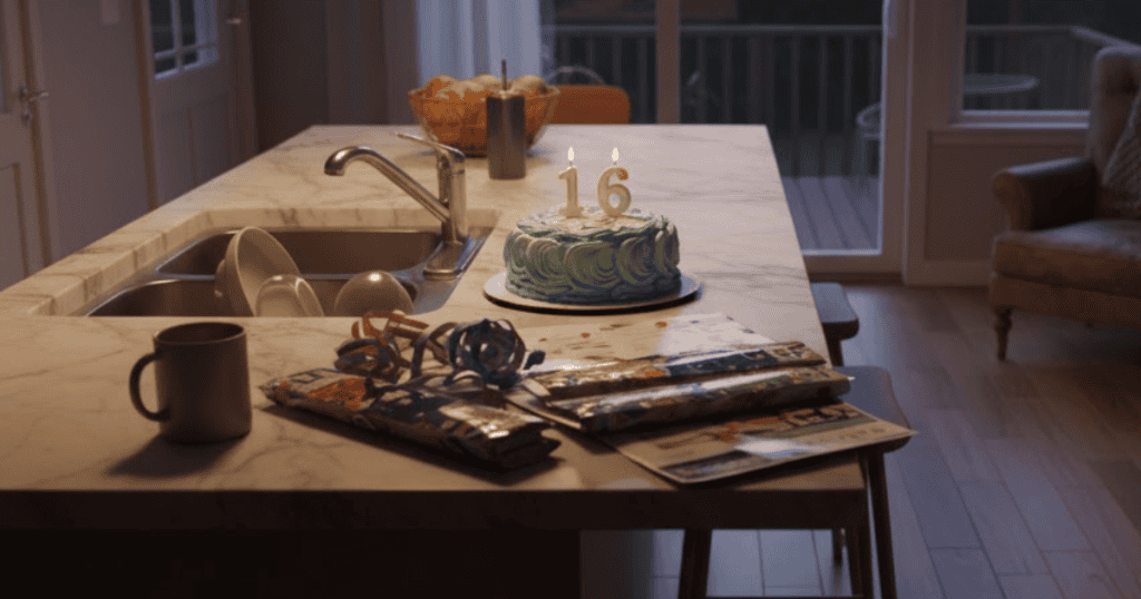 A birthday cake with "16" candles sits on a kitchen counter near wrapped gifts and scattered ribbon; the celebratory items are abandoned in a dim light suggesting they caused distress.