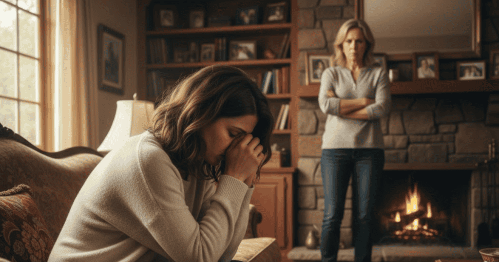 A seated woman buries her face in her hands while another figure stands over her with a stern, critical posture, reflecting the gradual erosion of confidence caused by constant scrutiny.