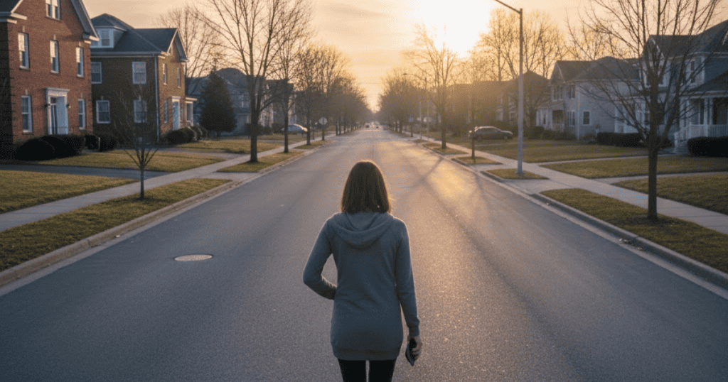A woman walks away down an empty suburban street at sunset; she is navigating a world that feels vast and silent following a significant departure.