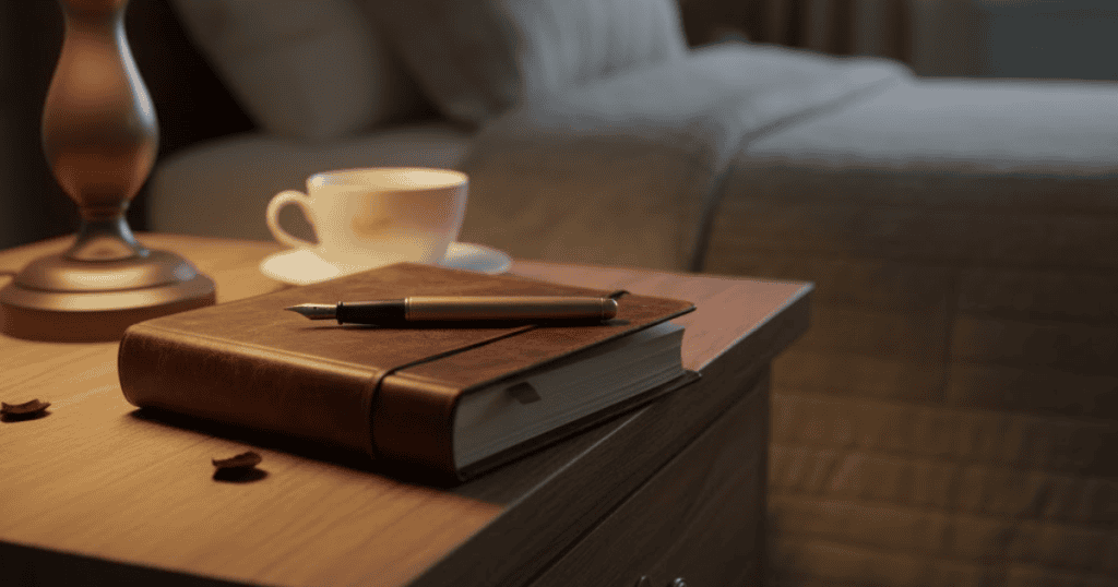 A leather-bound journal and fountain pen rest on a nightstand next to a coffee cup and rose petals; the secrets written inside are the harsh realities that remain unspoken.