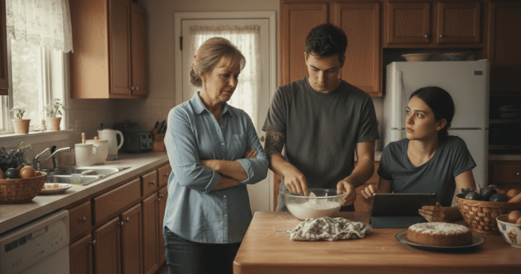 An older woman observes a young couple baking with a sharp, calculating gaze, implying that even simple domestic activities are being quietly maneuvered by an unseen agenda.