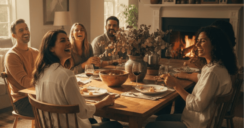 A group of friends is laughing together joyfully around a dinner table with wine and a lit fireplace; they are sharing a celebratory meal, embracing a new, vibrant life.