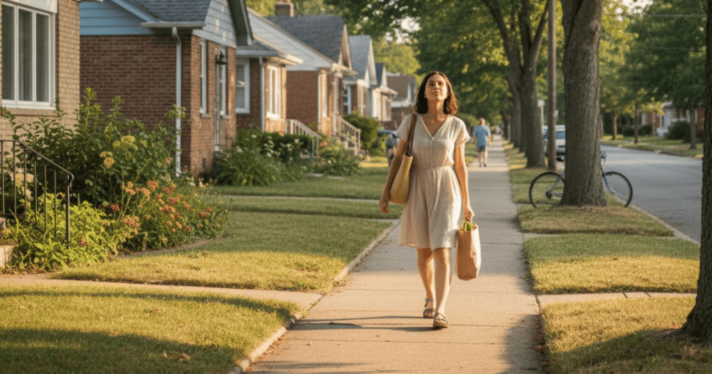 A woman walks down a sunny suburban sidewalk carrying a bag of groceries, looking up with a peaceful expression; this sense of peace often follows a moment of painful clarity.