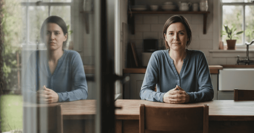 A woman sits at a table in a kitchen, mirrored in a glass pane, visually representing the contrast between one's controlled outward presentation and a more vulnerable, authentic inner self.