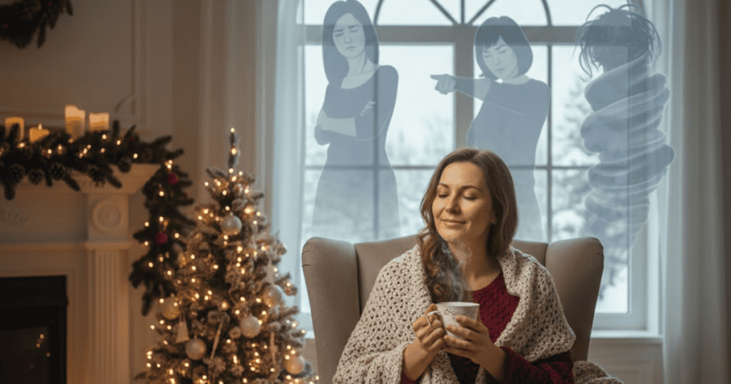 A woman sits peacefully by a Christmas tree while ghostly, distressed figures hover behind her, suggesting she is enjoying a more authentic holiday experience now that old pressures are gone.