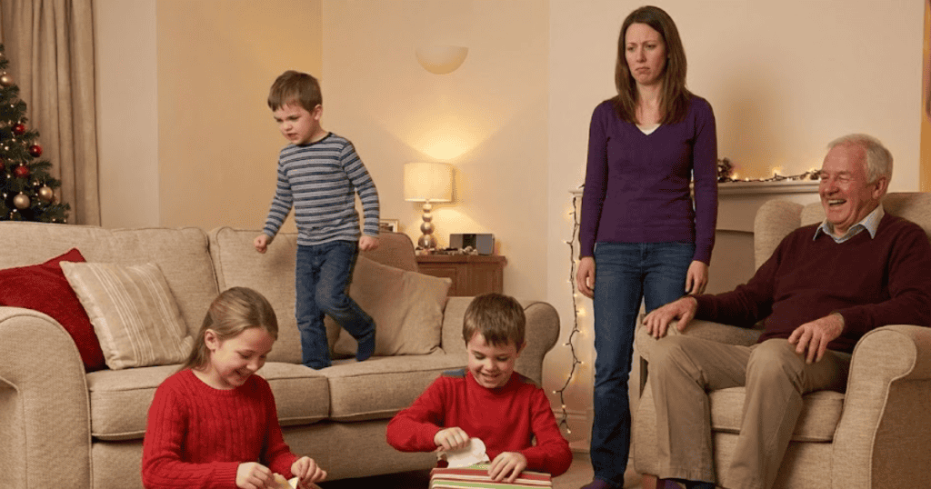 A woman stands frowning with her arms crossed while a grandfather laughs and children happily open gifts nearby; her displeasure contrasts with the surrounding atmosphere of family joy.