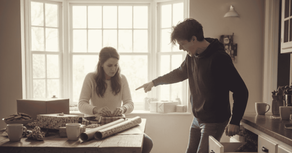 A young man is aggressively pointing and yelling at a woman wrapping presents; avoid providing material for an explosive reaction.