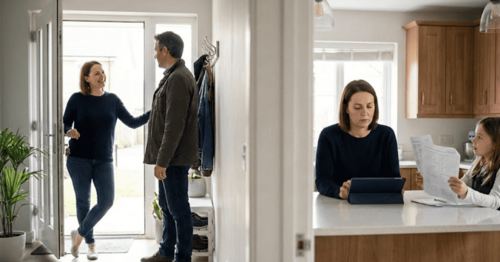 A split-view image shows a woman smiling warmly at a guest by the front door, contrasted with her cold and distracted demeanor while sitting with a child in the kitchen.
