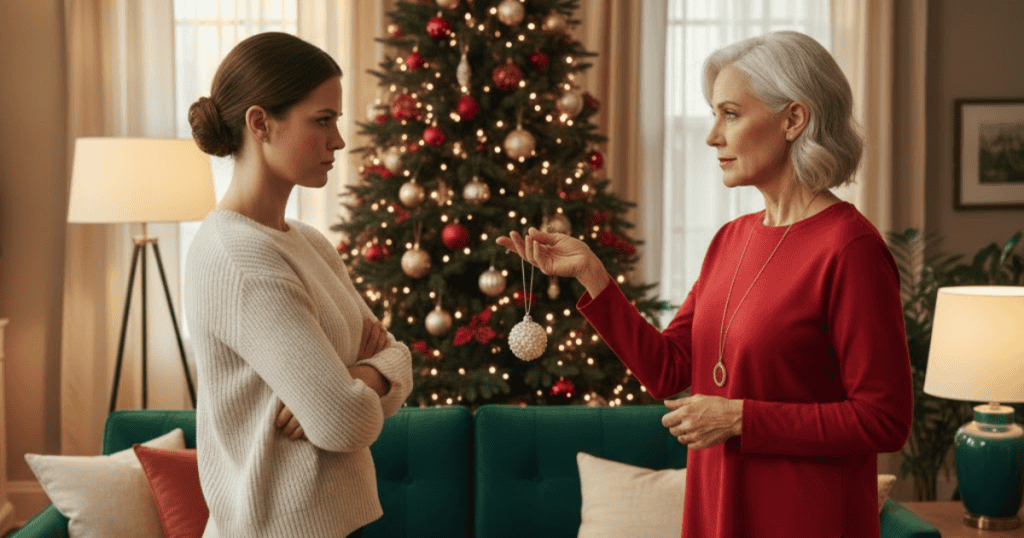 A woman with her arms crossed looks sternly at an older woman holding a Christmas ornament; attempting to direct their conduct will be unsuccessful.