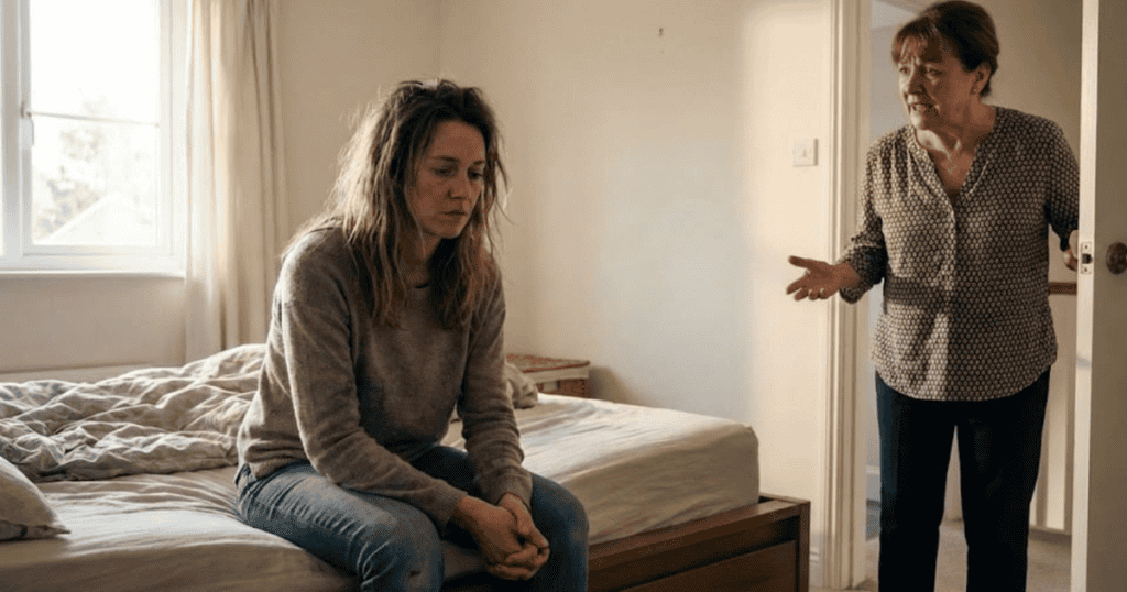 A woman sits dejectedly on a bed while an older woman stands in the doorway with arms outstretched, shifting the emotional focus of the room toward her own dramatic reaction.