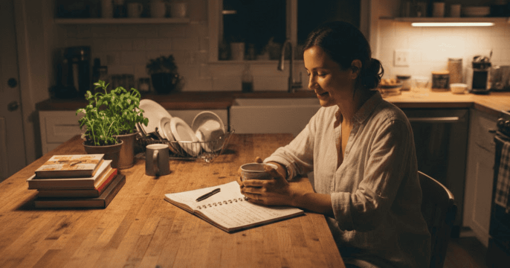 A woman sits at a kitchen table late at night with a notebook and a warm drink; examining her experiences brings the realization that the turmoil she felt was externally imposed.