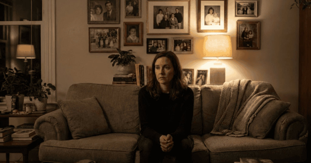 A woman sits alone on a couch beneath a wall of crowded family photos, her hollow expression reflecting the invisible weight of a curated past.