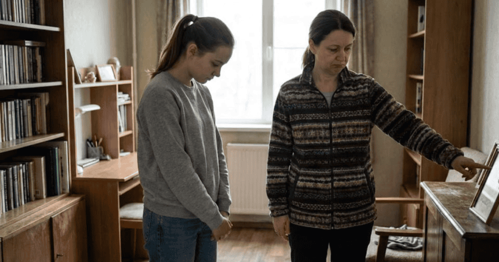 A daughter stands with her head bowed in a library-like room while an older woman points sternly at a framed picture, using a moment of supposed connection to highlight a perceived failure.
