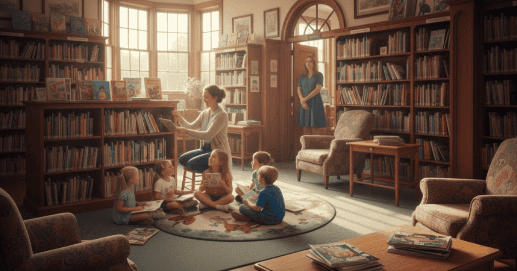 A woman reads a book to a group of attentive children in a sunlit library, illustrating the quiet power of finding fulfillment and purpose in one's own environment.