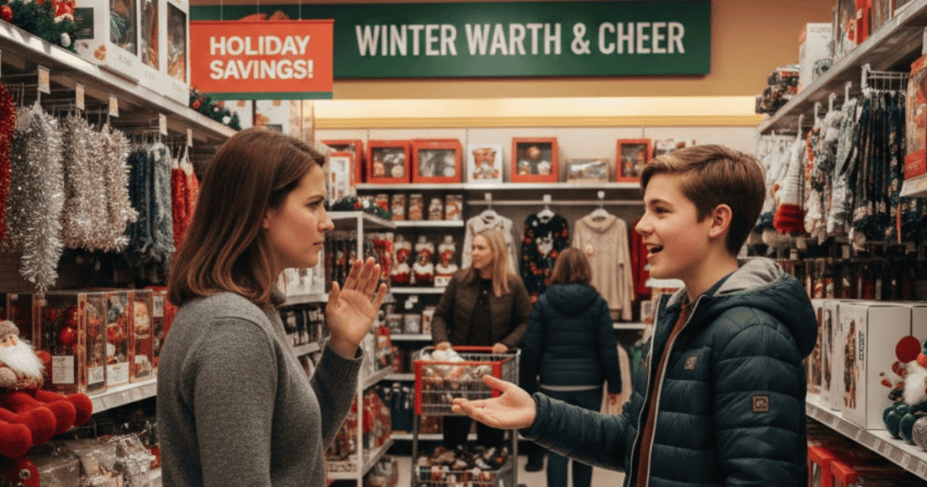 A woman is gesturing firmly to a young boy in the middle of a brightly lit store aisle; direct confrontation in front of others is unwise.