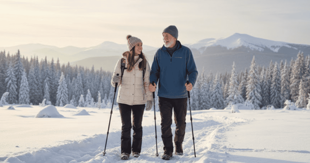 A smiling father and daughter is snowshoeing on a sunny, snowy mountain trail; their freedom and peace are a top priority.