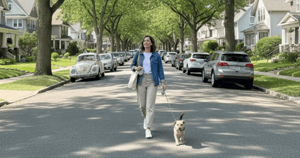 A woman walks her small dog down a tree-lined suburban street on a sunny day; moving forward with life helps establish a new identity separate from the past.